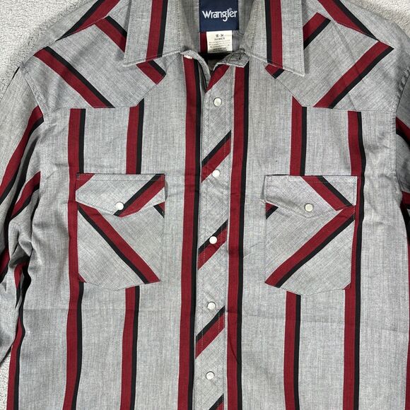 Vintage Wrangler Pearl Snap Shirt Men’s Size 16-34 Stripes Grey Red Cowboy Cut - Picture 3 of 10